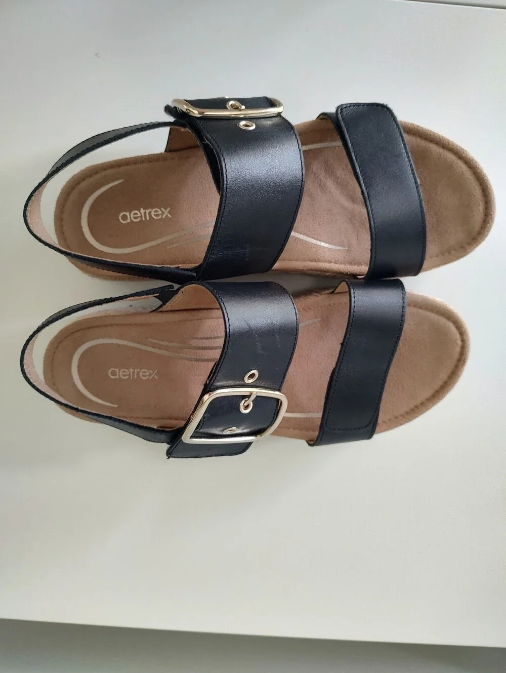 Aetrex Vania Black Leather Arch Support Espadrille Platform Wedge Sandal Size 7